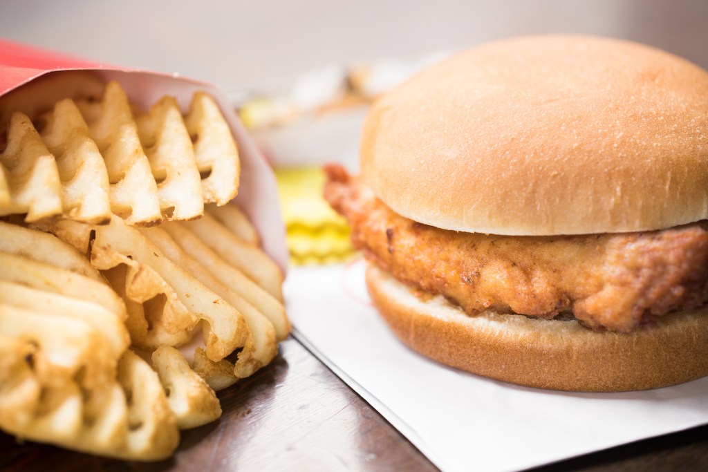Chick-fil-A Chicken Sandwich and waffle fries.