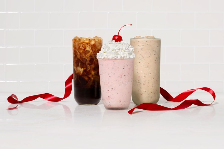 Peppermint Chip Milkshake, Peppermint Iced Coffee and Frosted Peppermint Coffee with a red ribbon.