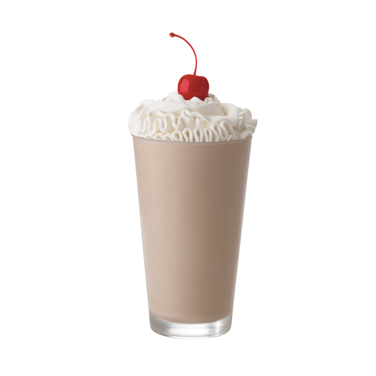 Chocolate Milkshake topped with whipped cream and a maraschino cherry.