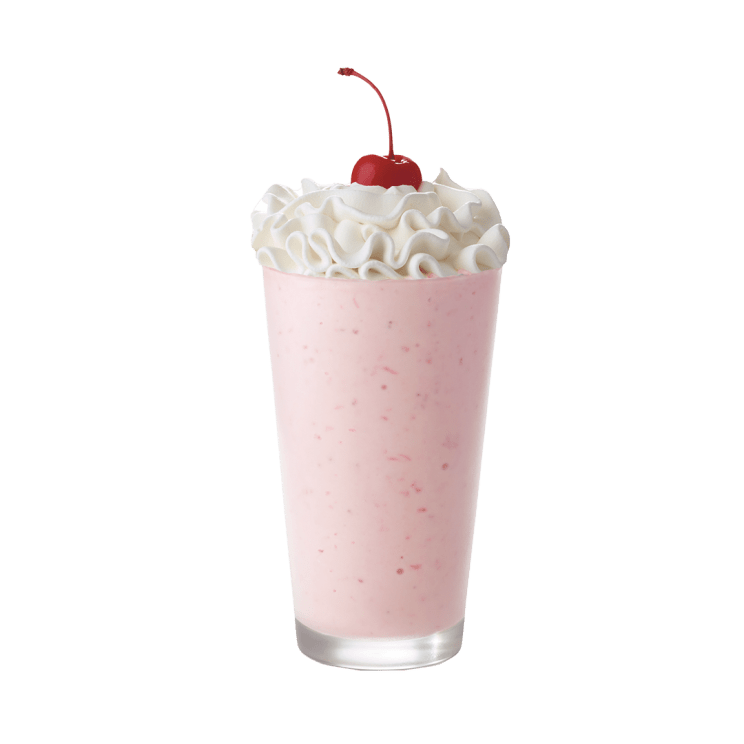 Strawberry Milkshake topped with whipped cream and a maraschino cherry.