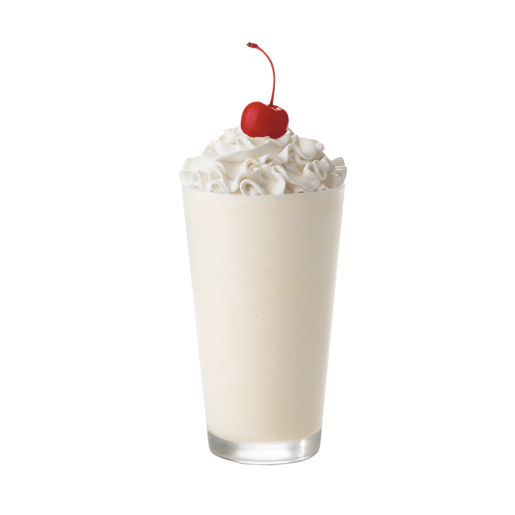Vanilla Milkshake topped with whipped cream and a maraschino cherry.