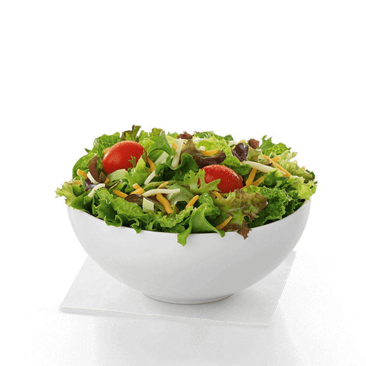 mixed greens, topped with a blend of shredded Monterey Jack and Cheddar cheeses and grape tomatoes.