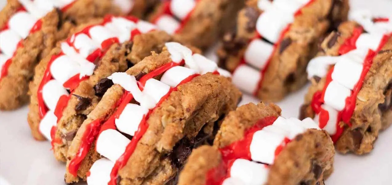 Chocolate Cookies decorated with marshmallows to look like vampire teeth.