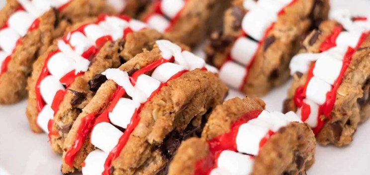 Chocolate Cookies decorated with marshmallows to look like vampire teeth.