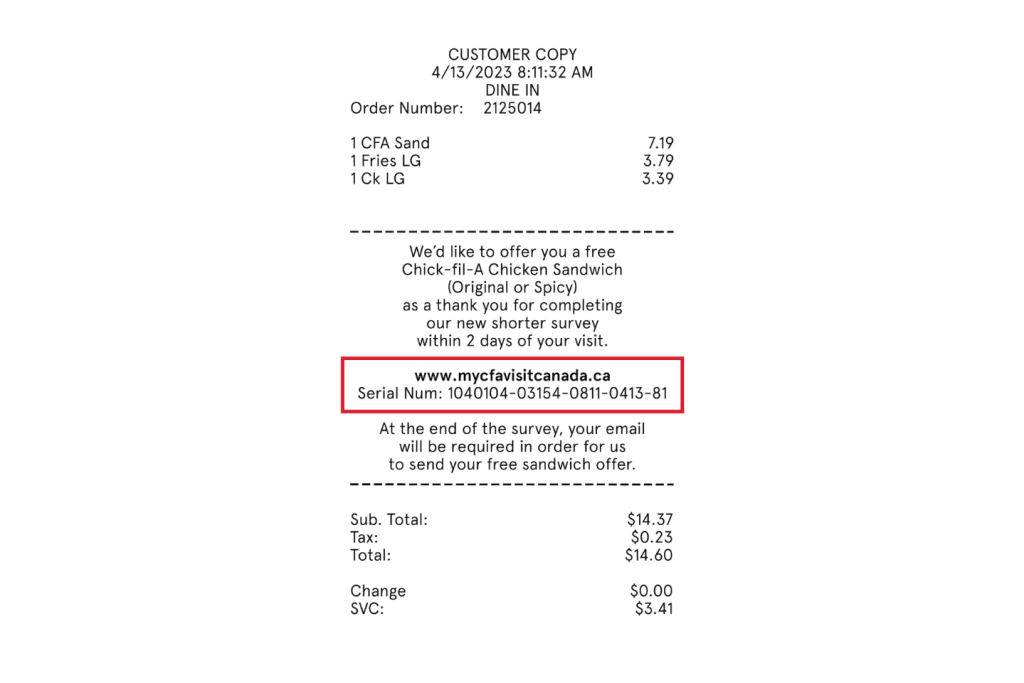 An example Receipt showing a Chick-fil-A order, promotional offer, and total amount.