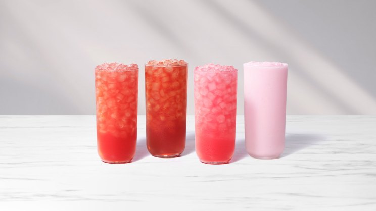 A glass of Cherry Berry Iced Tea, Cherry Berry Lemonade, Cherry Berry Sunjoy® and Cherry Berry Frosted Lemonade