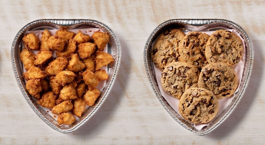 Heart-shaped trays of Chick-fil-A® Nuggets and Chocolate Chunk Cookies.  