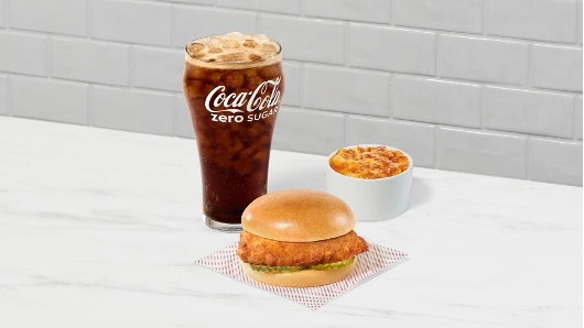 Chick-fil-A Chicken sandwich with a Coca Cola Zero Sugar and Mac and Cheese.