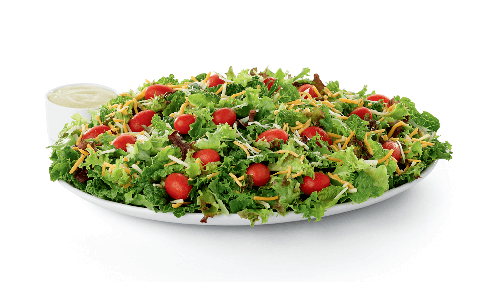 Garden Salad Tray
with lettuce, topped with shredded green cabbage, a blend of shredded Monterey Jack and Cheddar cheeses and grape tomatoes.