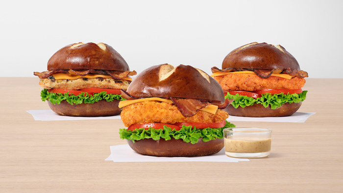 Three Pretzel Cheddar Club Sandwiches; Original, Grilled and Spicy