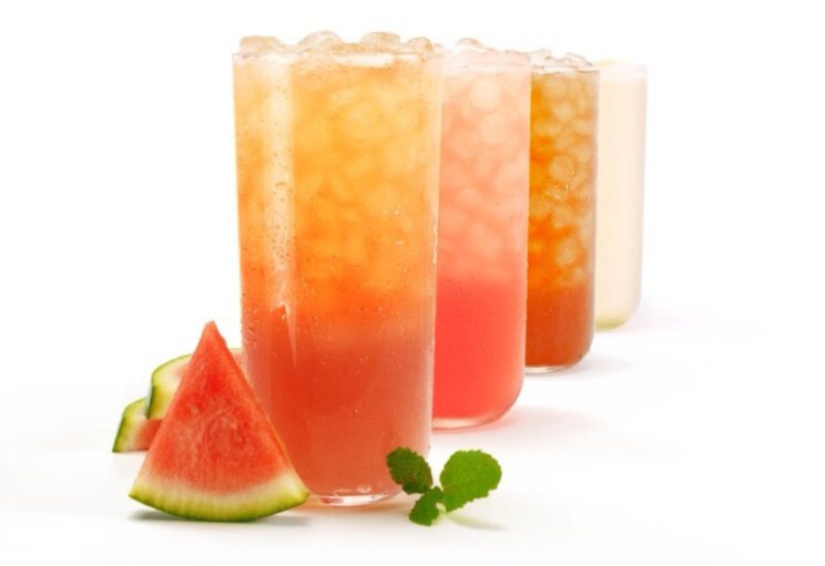 Watermelon mint flavored lemonade, tea, Sunjoy and frosted lemonade with fresh watermelon slices and mint.