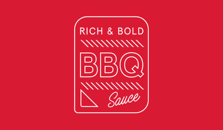 Red label and background with the text "RICH & BOLD BBQ Sauce" and geometric designs.