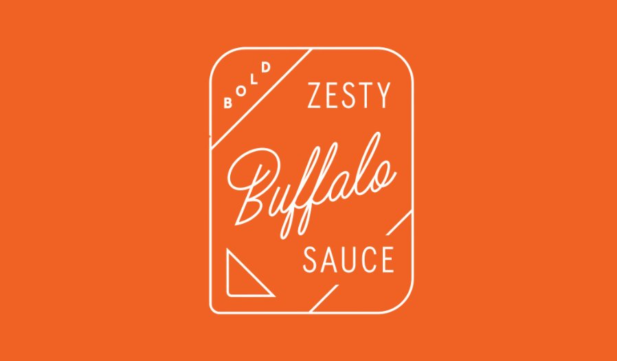 Orange label and background with the text "Zesty BBQ Sauce" and geometric designs.