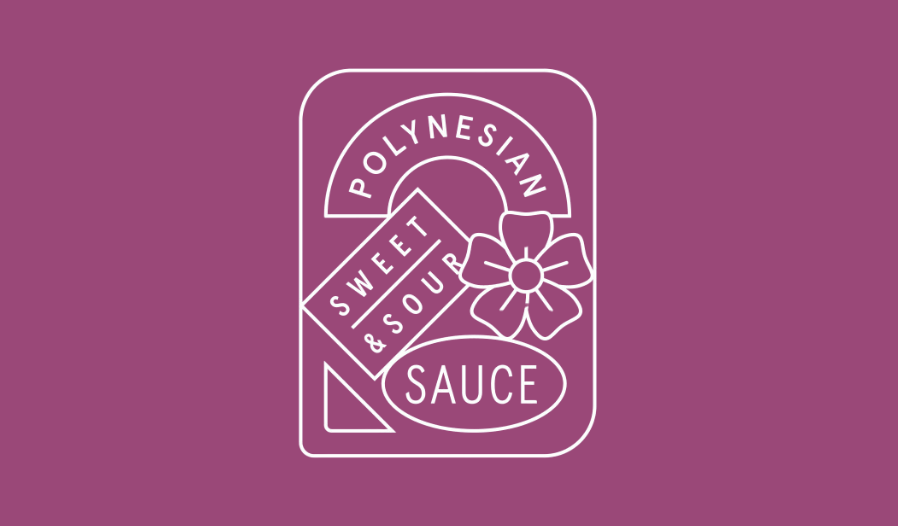 Purple label and background with the text "Polynesian Sweet & Sour Sauce" and geometric designs.