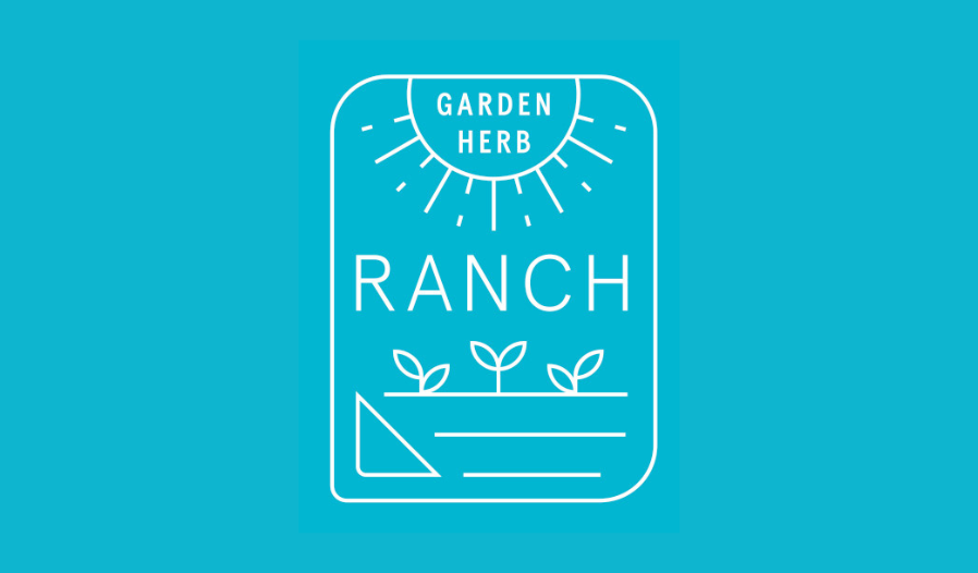 Blue label and background with the text "Garden Herb Ranch" and geometric designs.