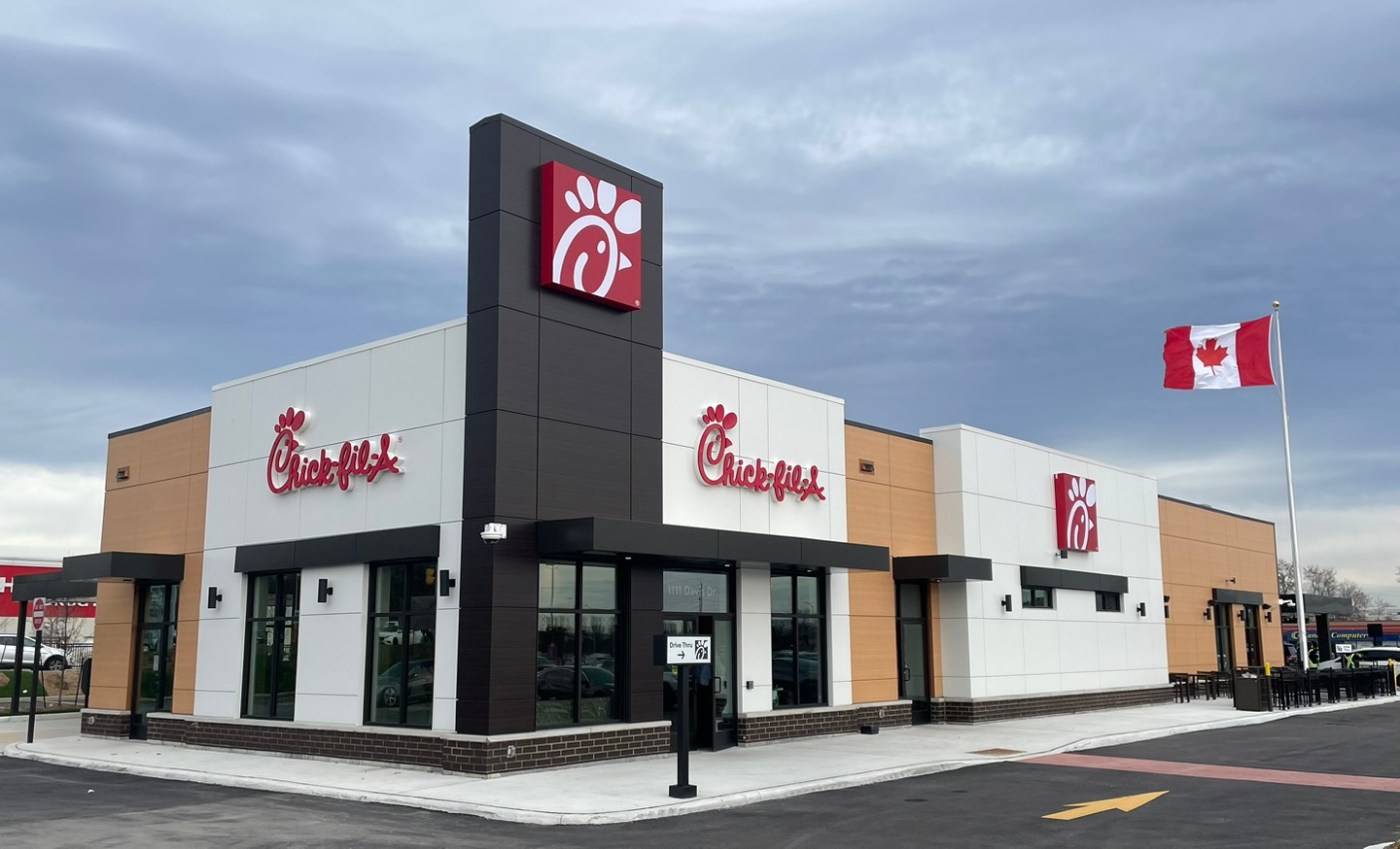 Exterior of a new Chick-fil-A restaurant in Canada.
