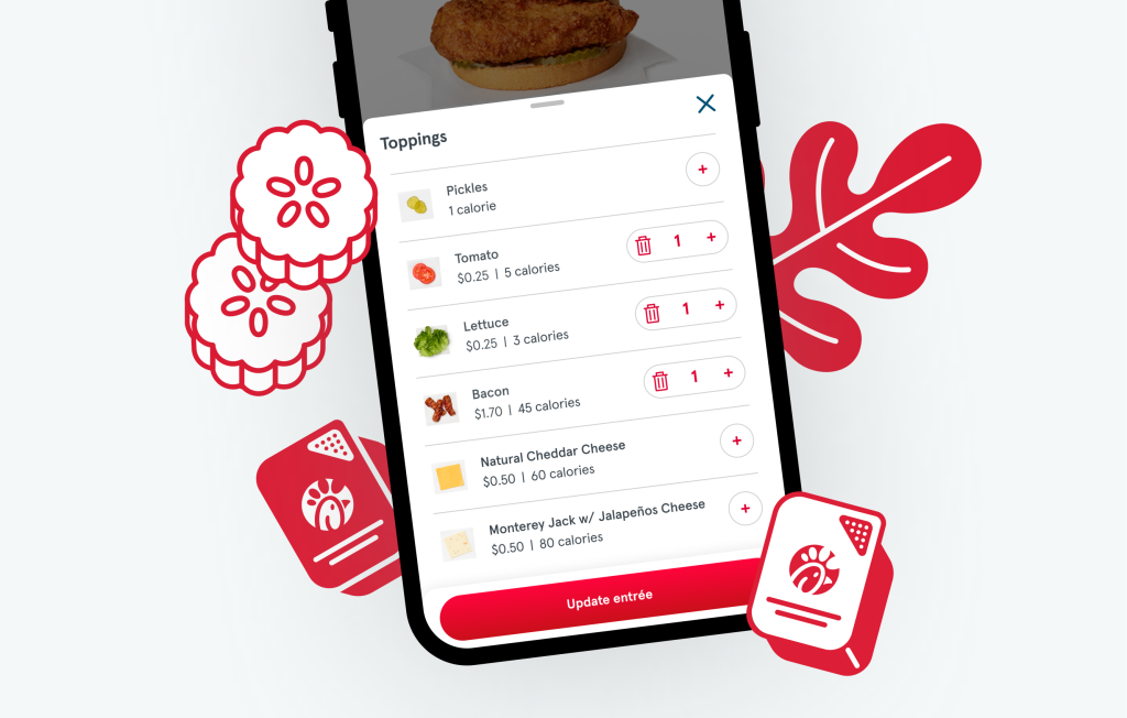 Smartphone showing the Chick-fil-A Canada App with blue icons of pickles and Chick-fil-A sauces around it