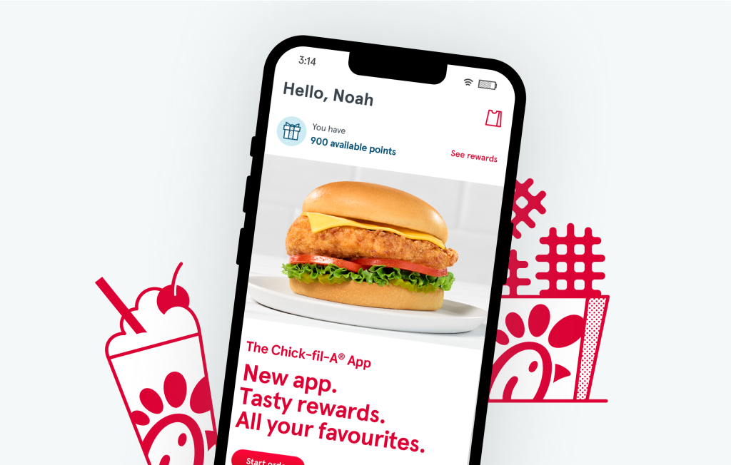 Smartphone showing the Chick-fil-A Canada App with blue icons of a Chick-fil-A milkshake and Waffle Fries